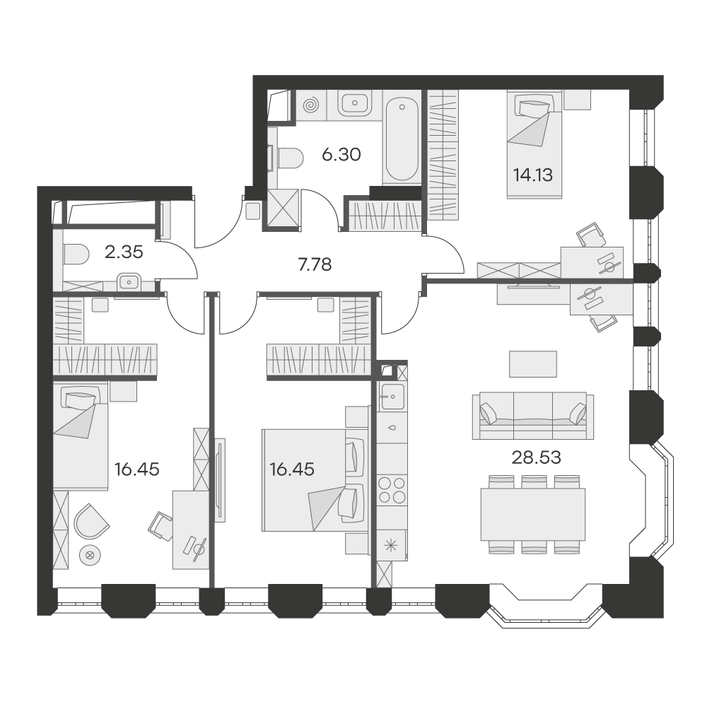 2 комн. квартира, 92 м², 12 этаж 