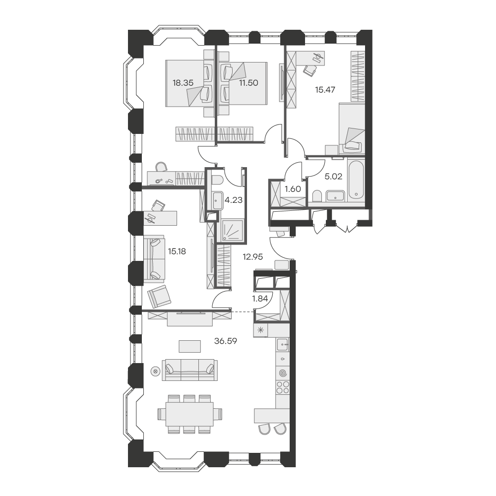 3 комн. квартира, 122.7 м², 16 этаж 