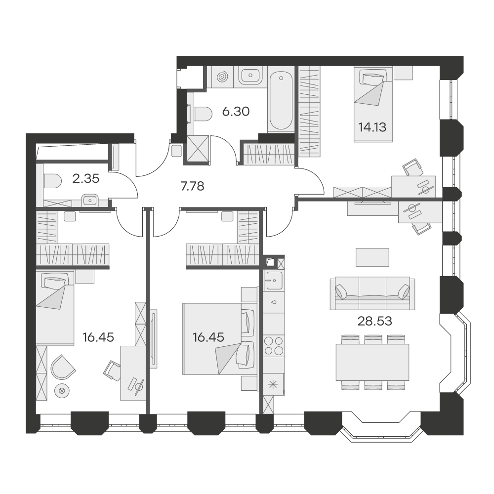 2 комн. квартира, 92 м², 16 этаж 