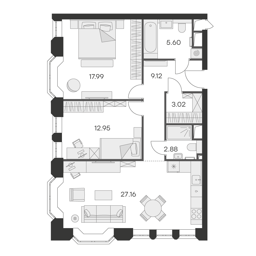 1 комн. квартира, 78.7 м², 3 этаж 