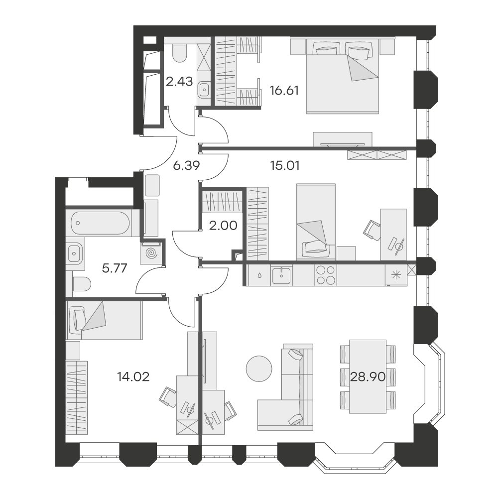 2 комн. квартира, 91.1 м², 4 этаж 