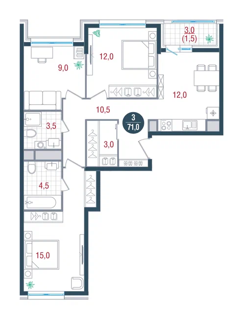 3 комн. квартира, 71 м², 25 этаж 