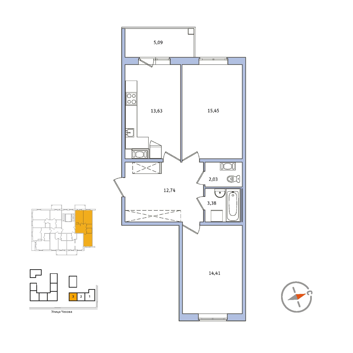 2 комн. квартира, 61.6 м², 3 этаж 