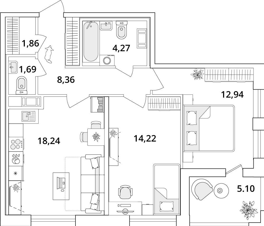 2 комн. квартира, 64.1 м², 12 этаж 