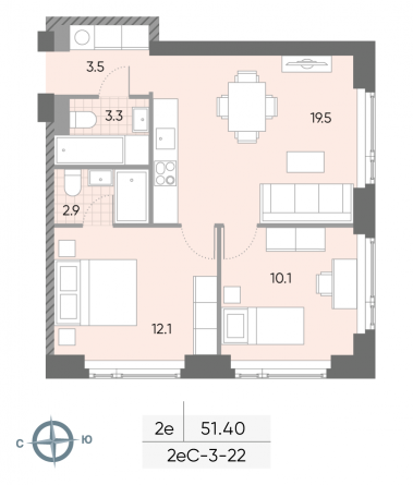 2 комн. квартира, 51.4 м², 22 этаж 