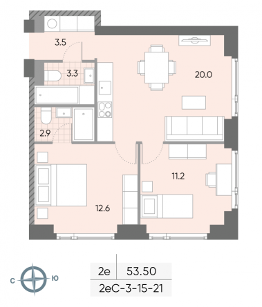 2 комн. квартира, 53.5 м², 20 этаж 