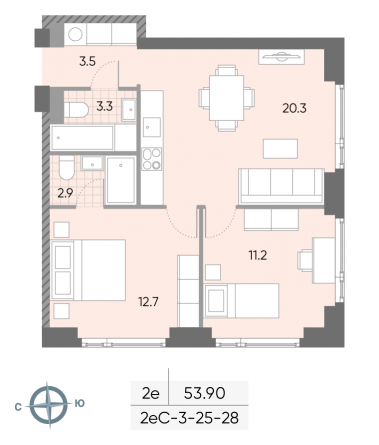 2 комн. квартира, 53.9 м², 26 этаж 
