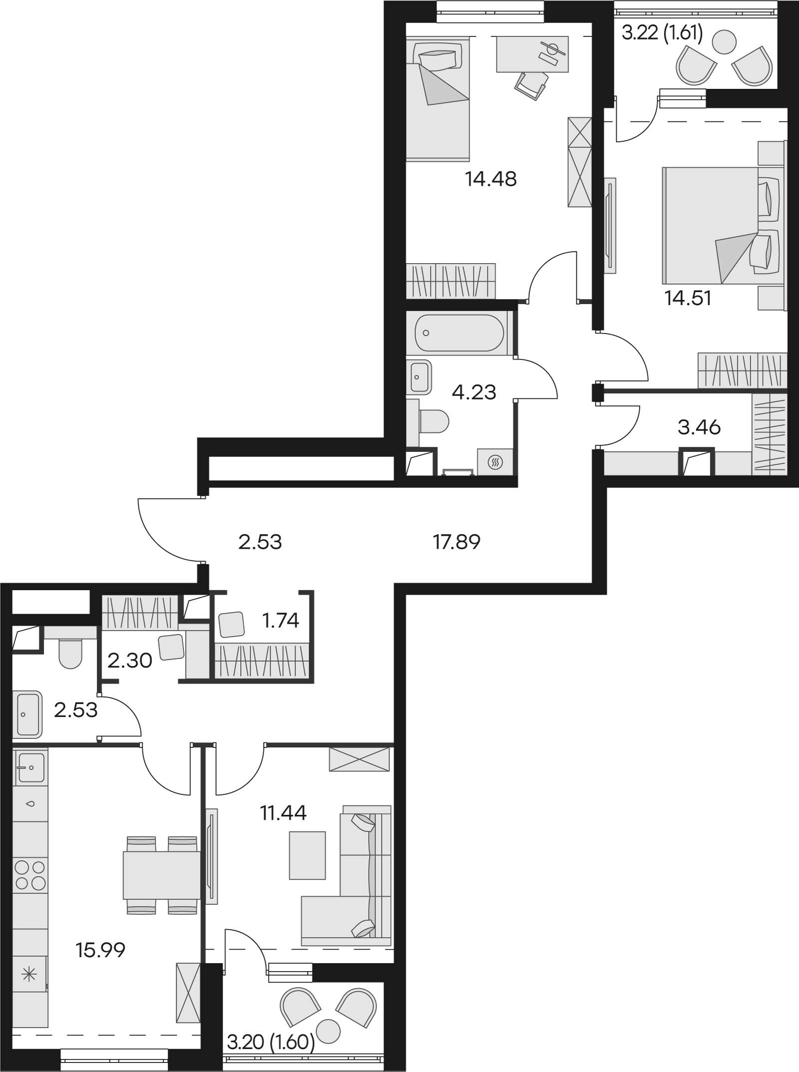3 комн. квартира, 94.3 м², 2 этаж 