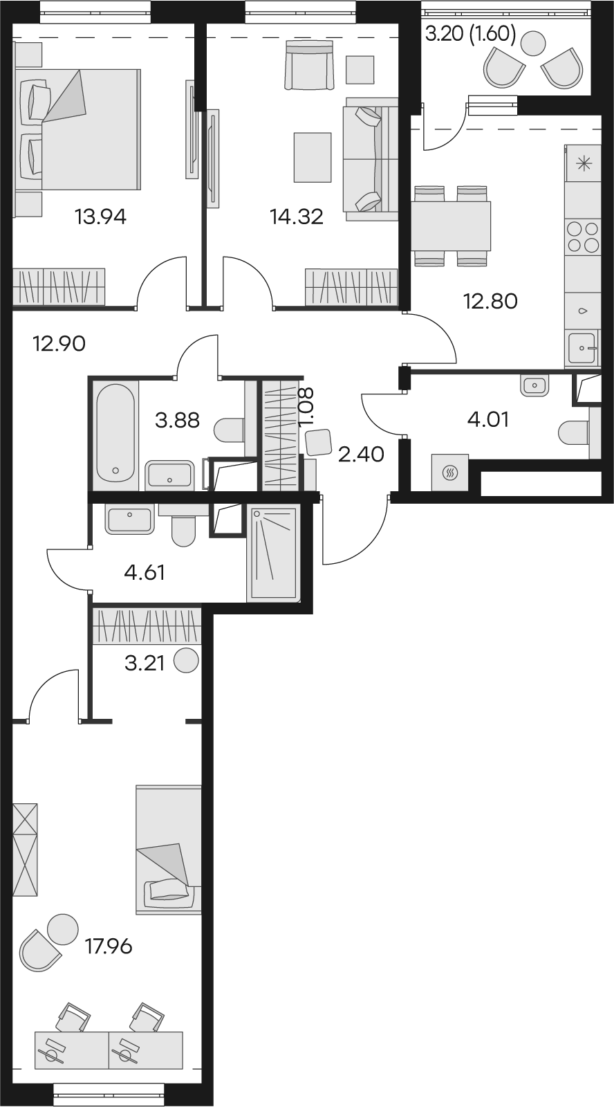 3 комн. квартира, 92.7 м², 2 этаж 