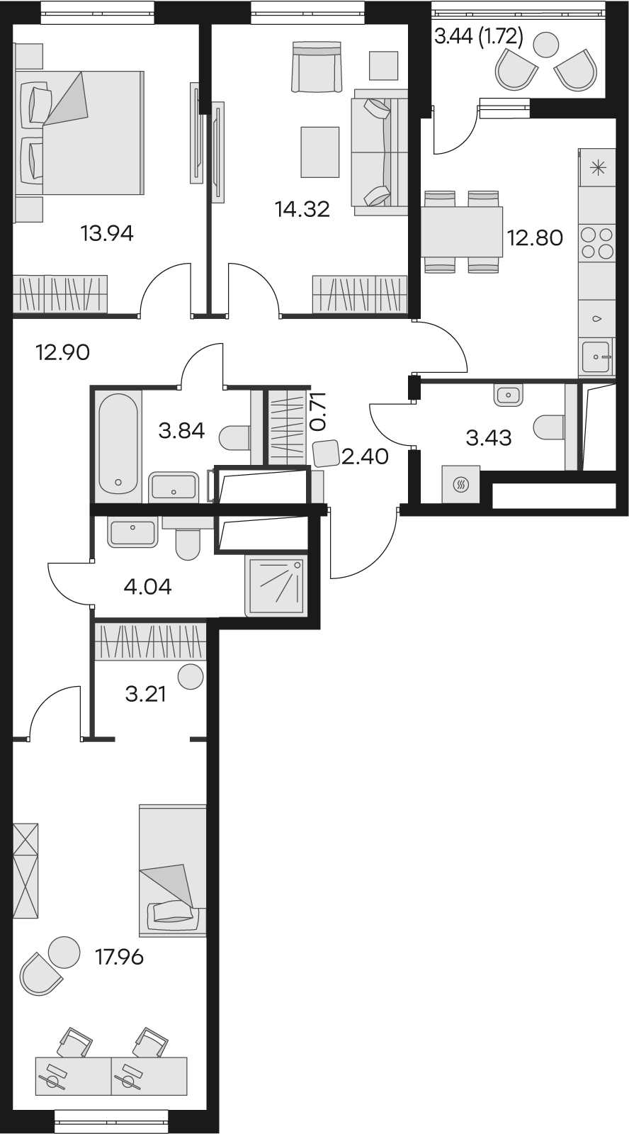 3 комн. квартира, 91.3 м², 3 этаж 