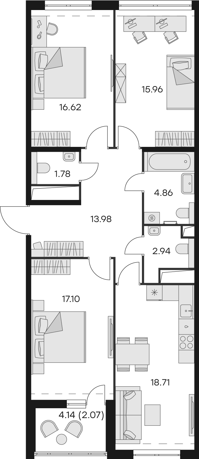2 комн. квартира, 94 м², 12 этаж 