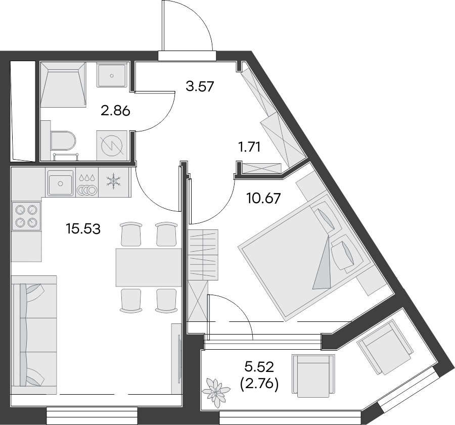 1 комн. квартира, 37.1 м², 11 этаж 