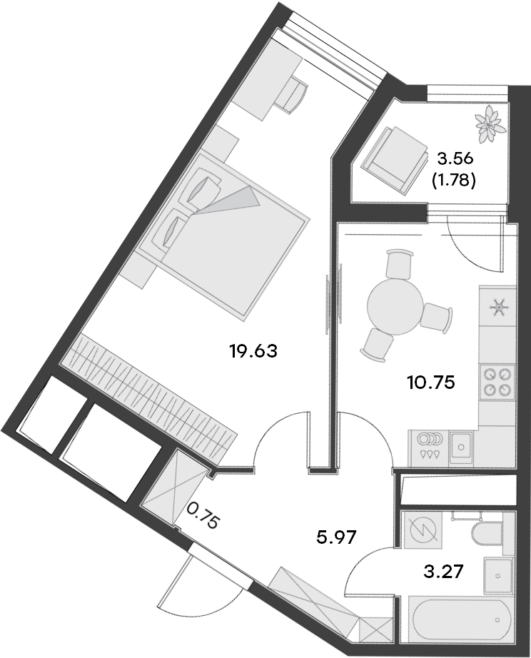 1 комн. квартира, 42.1 м², 12 этаж 