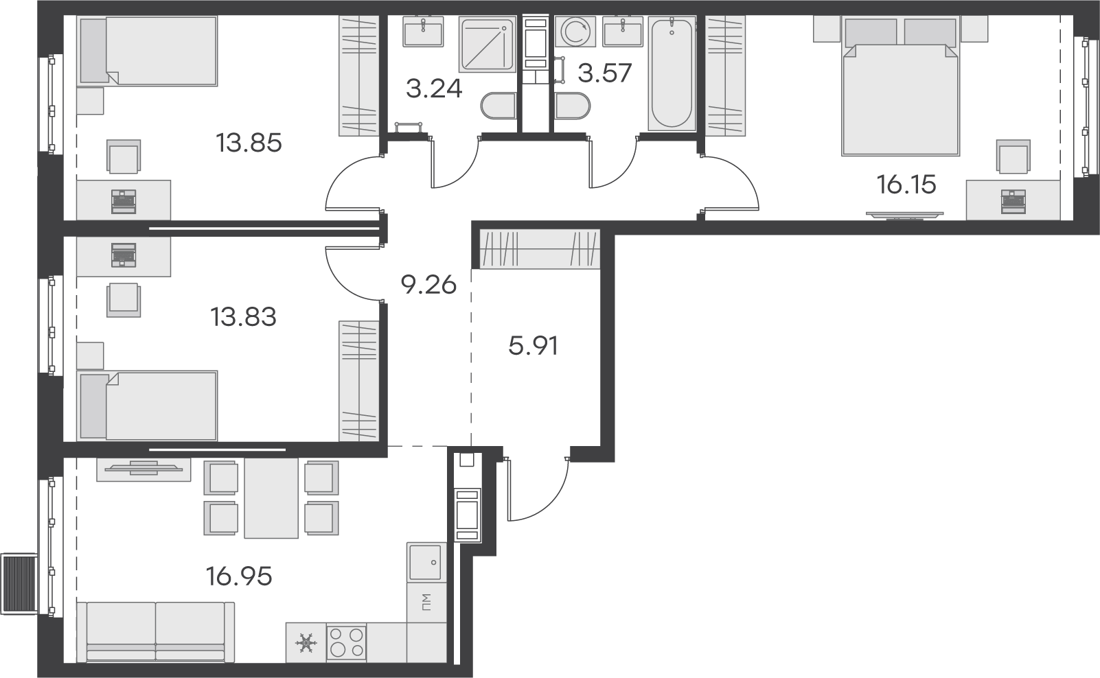 2 комн. квартира, 82.8 м², 4 этаж 