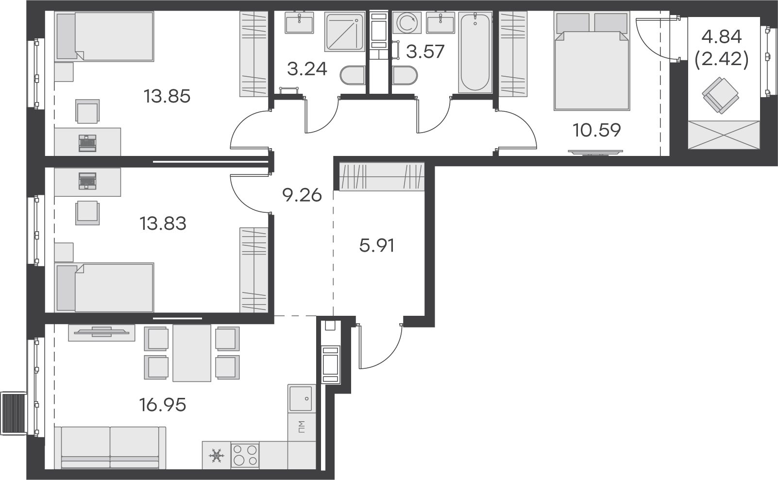 3 комн. квартира, 79.6 м², 7 этаж 