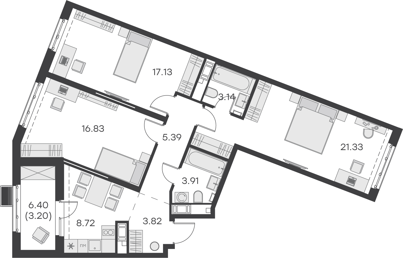 3 комн. квартира, 83.5 м², 7 этаж 