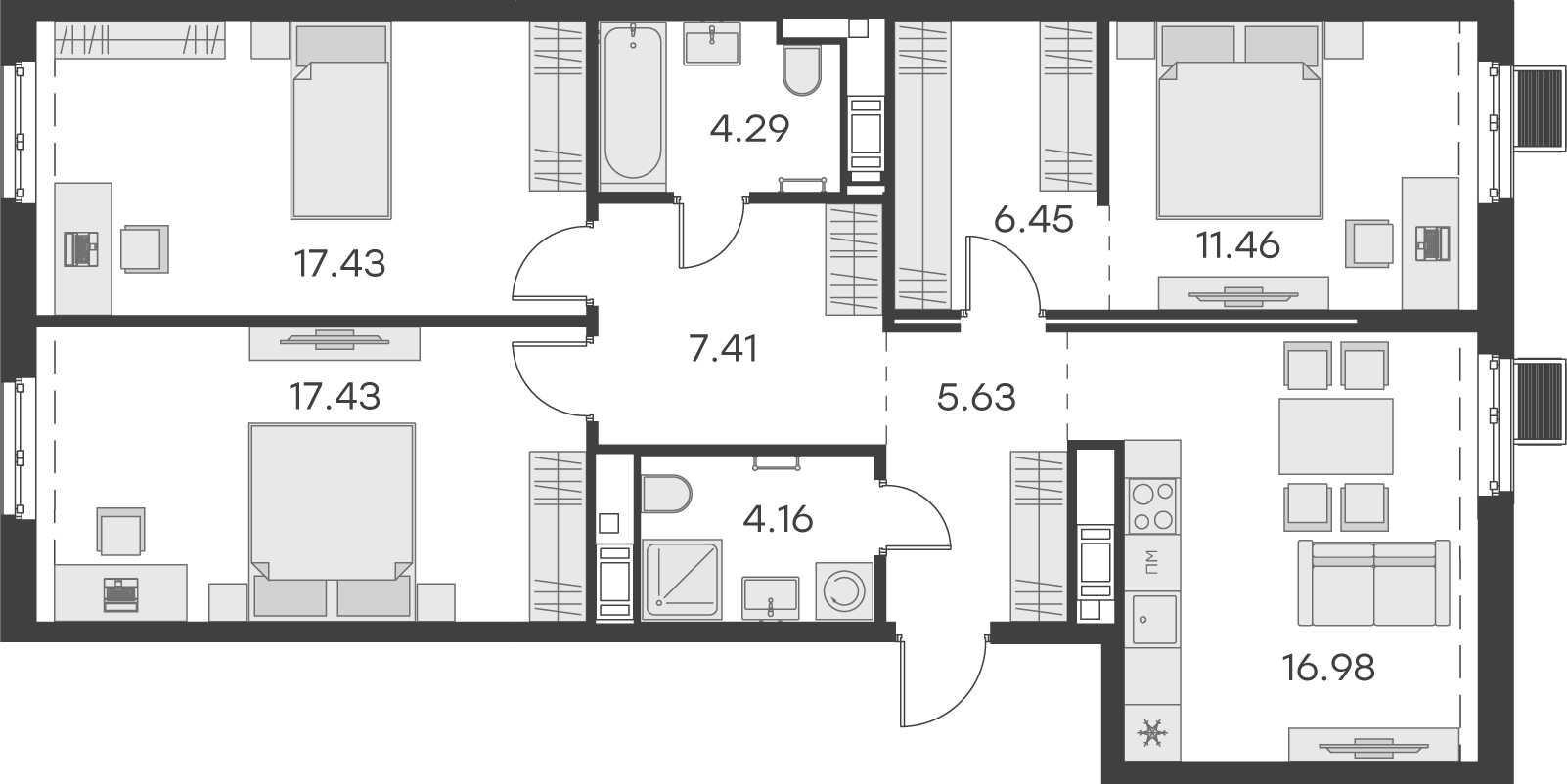 2 комн. квартира, 91.2 м², 3 этаж 
