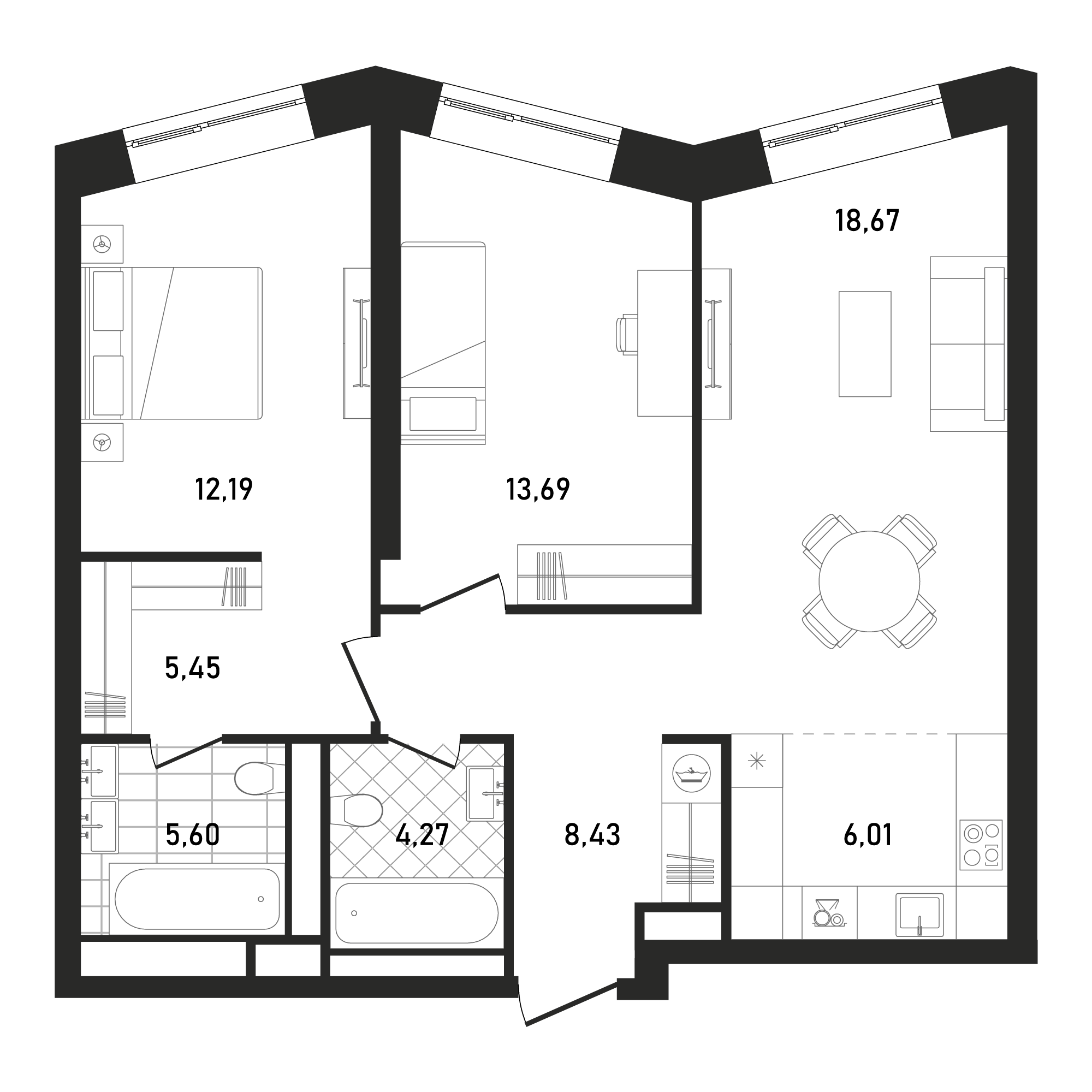 3 комн. квартира, 74.7 м², 4 этаж 