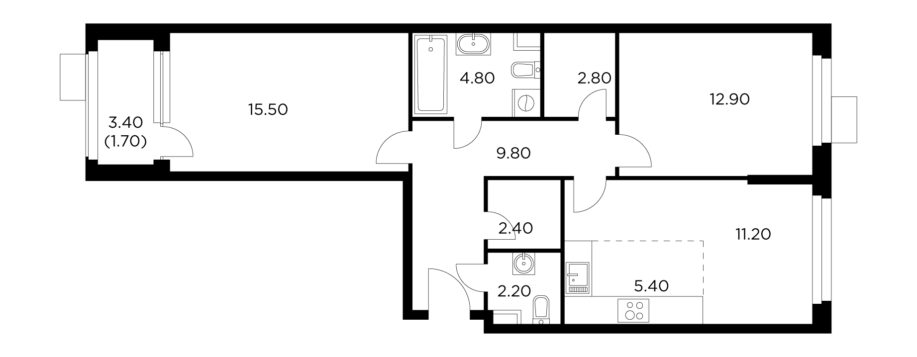 3 комн. квартира, 68.7 м², 7 этаж 