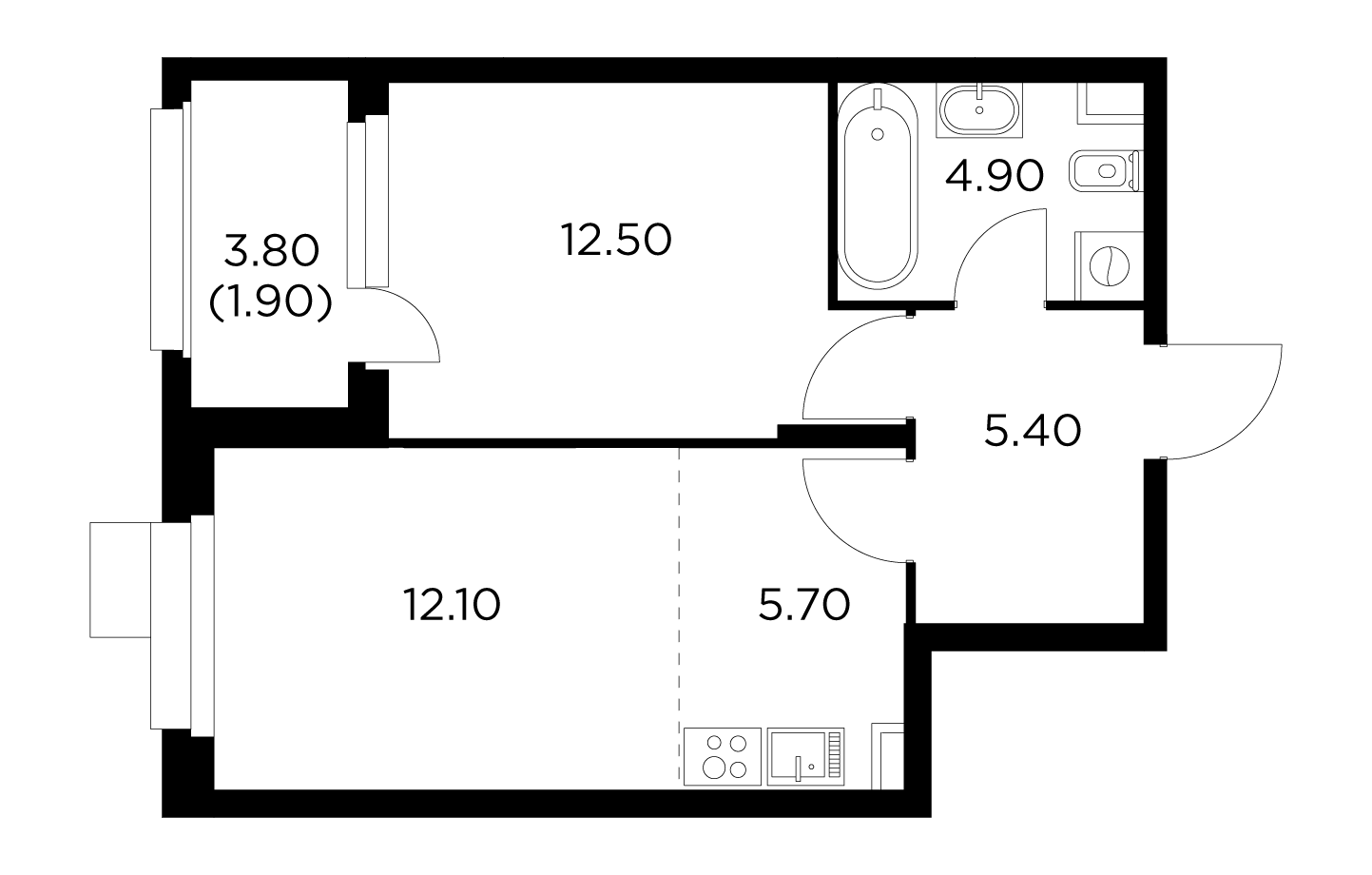 2 комн. квартира, 42.5 м², 17 этаж 