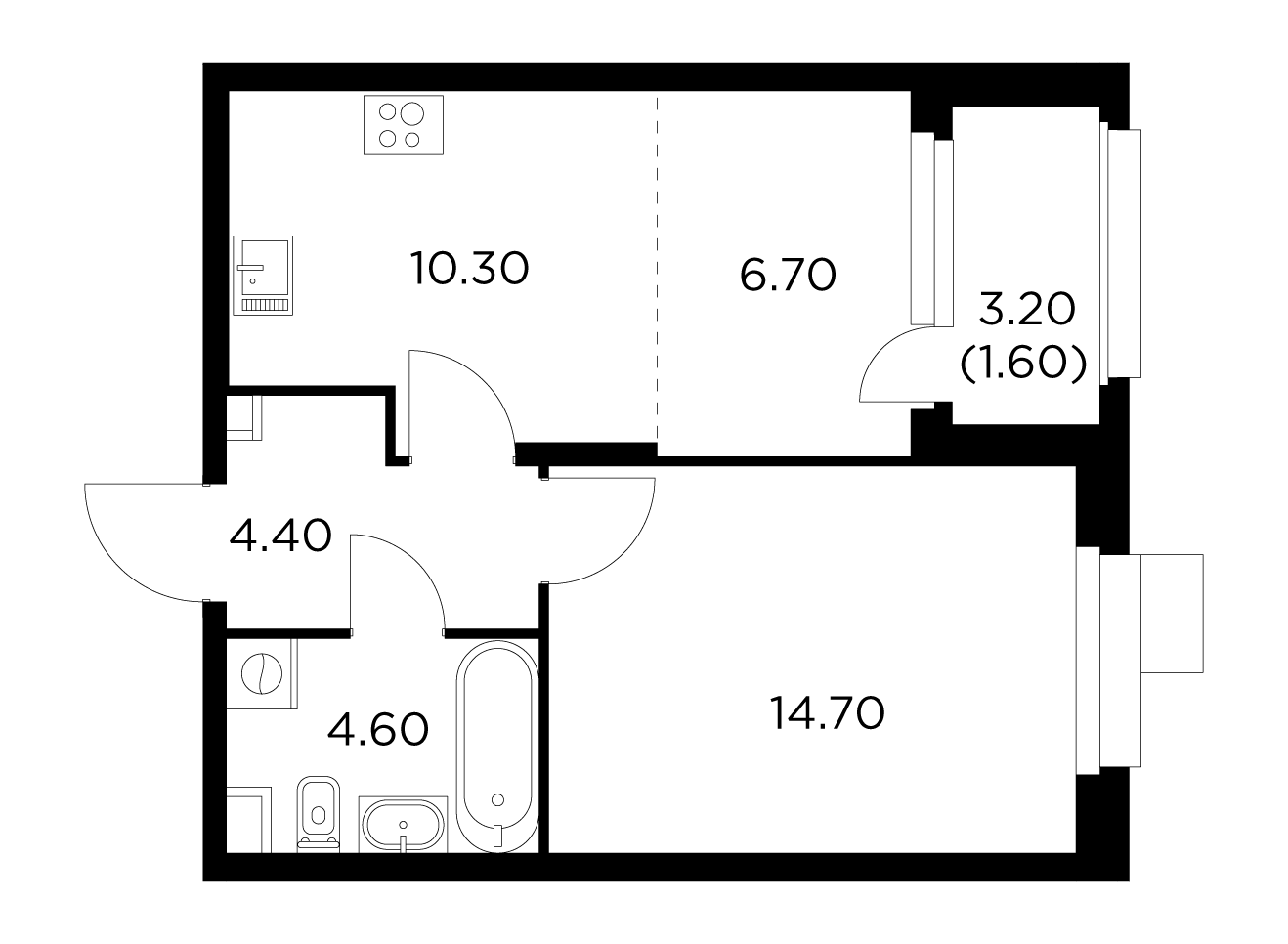 2 комн. квартира, 42.3 м², 17 этаж 