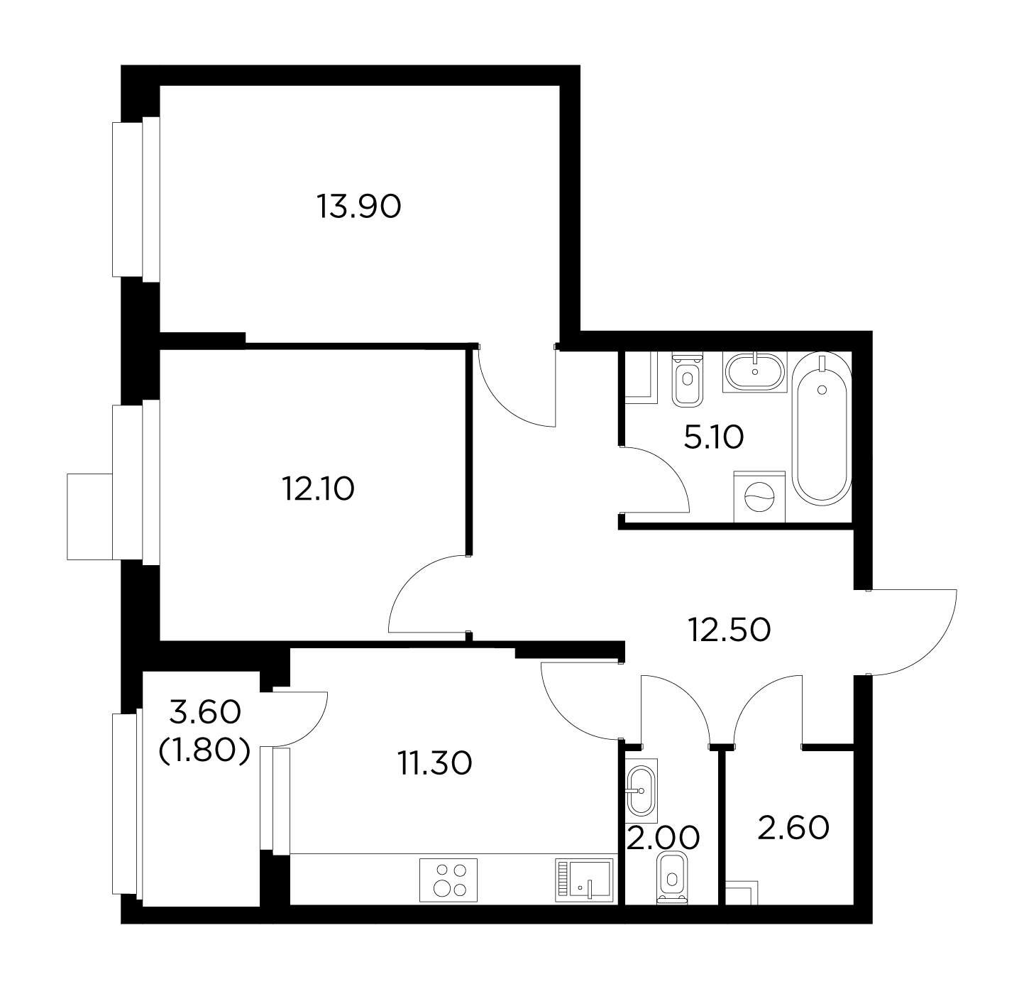 2 комн. квартира, 61.3 м², 14 этаж 