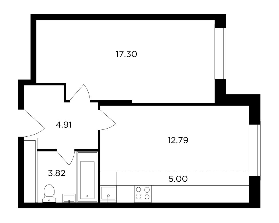 2 комн. квартира, 43.7 м², 24 этаж 