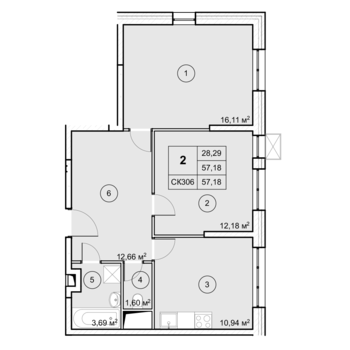 2 комн. квартира, 57.1 м², 12 этаж 