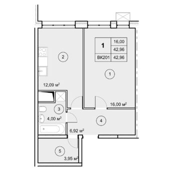 1 комн. квартира, 43 м², 2 этаж 