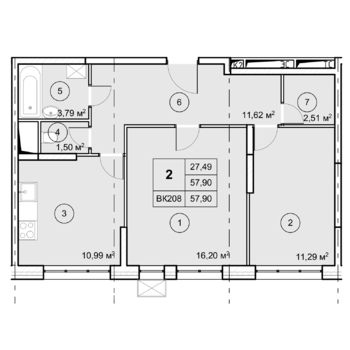 2 комн. квартира, 57.9 м², 2 этаж 