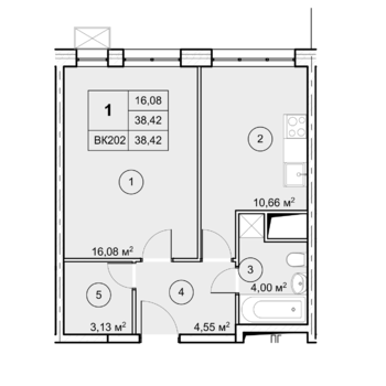 1 комн. квартира, 38.4 м², 3 этаж 