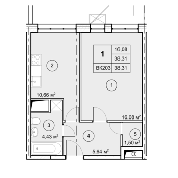 1 комн. квартира, 38.3 м², 3 этаж 