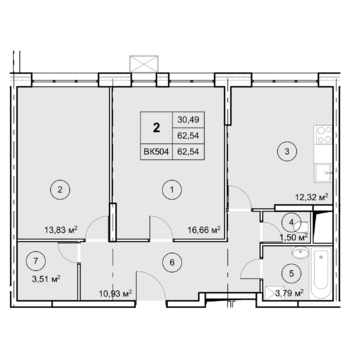 2 комн. квартира, 62.5 м², 6 этаж 
