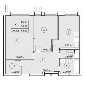 2 комн. квартира, 53.3 м², 4 этаж 
