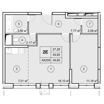 2 комн. квартира, 49.9 м², 4 этаж 
