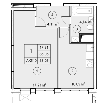 1 комн. квартира, 36 м², 6 этаж 