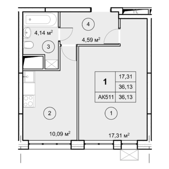 1 комн. квартира, 36.1 м², 8 этаж 
