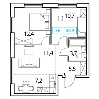 2 комн. квартира, 50.9 м², 3 этаж 