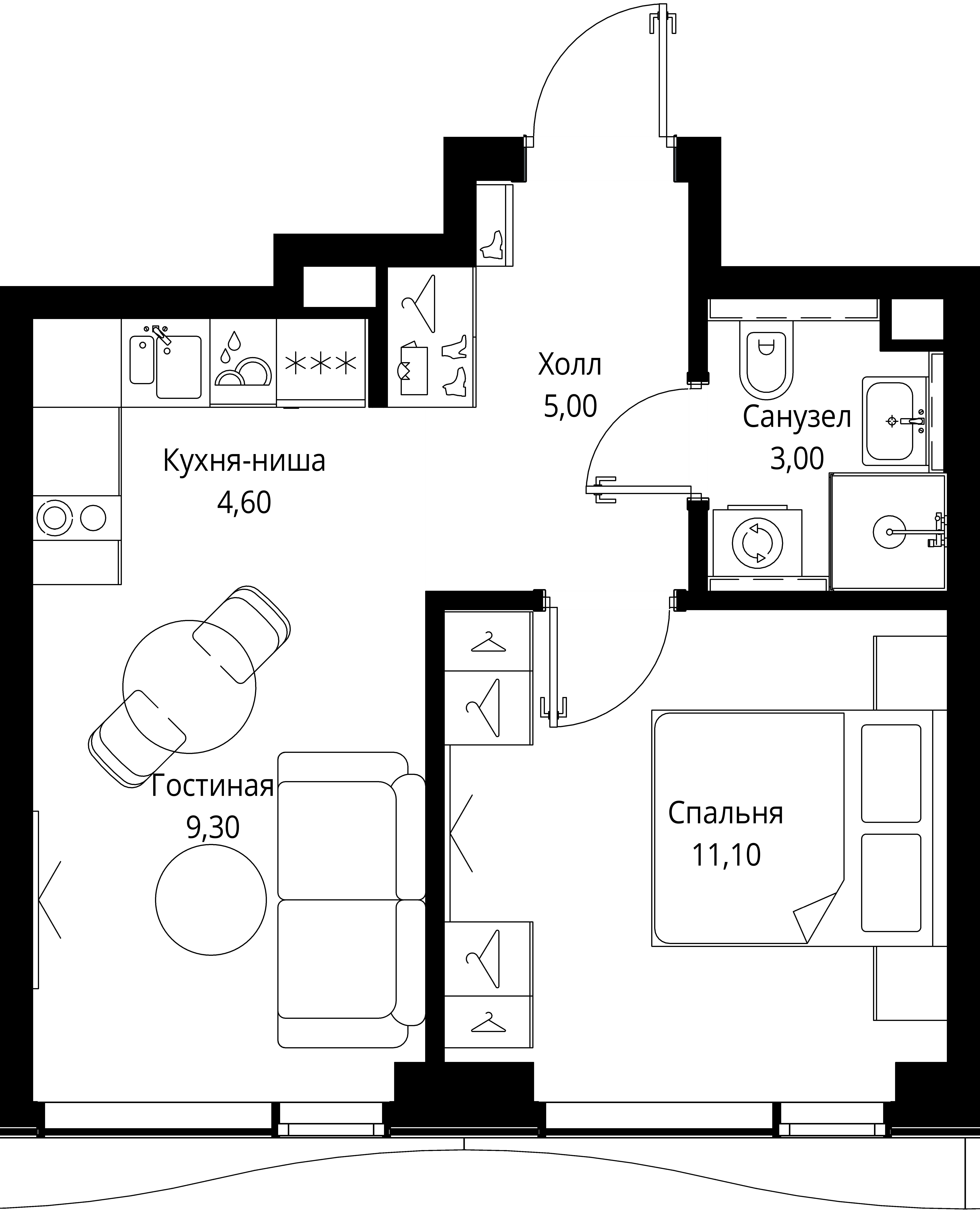 1 комн. квартира, 33 м², 45 этаж 