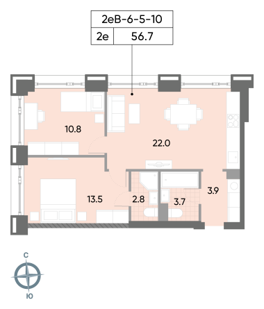 2 комн. квартира, 56.7 м², 5 этаж 