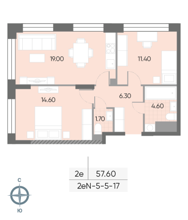 2 комн. квартира, 57.6 м², 16 этаж 