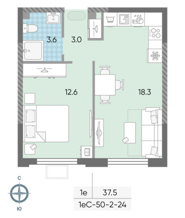 1 комн. квартира, 37.5 м², 23 этаж 