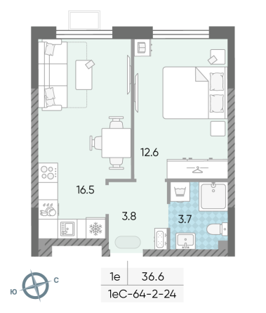 1 комн. квартира, 36.6 м², 19 этаж 