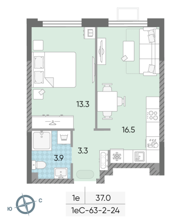 1 комн. квартира, 37 м², 19 этаж 
