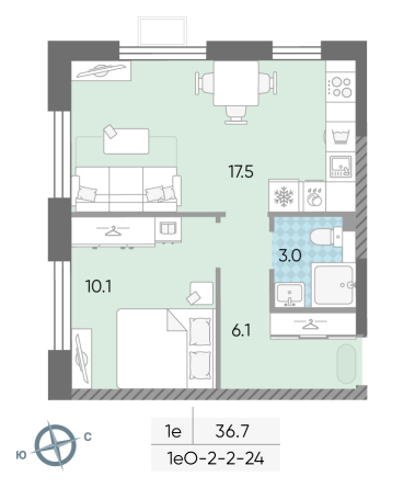 1 комн. квартира, 36.7 м², 19 этаж 