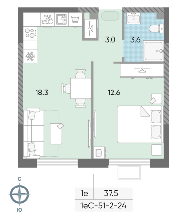 1 комн. квартира, 37.5 м², 24 этаж 