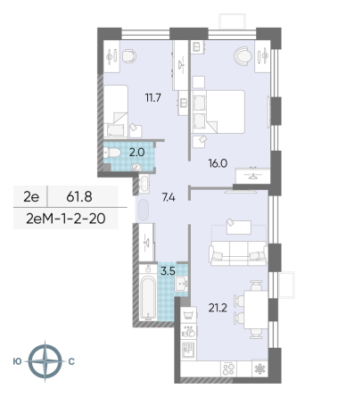 2 комн. квартира, 61.8 м², 6 этаж 