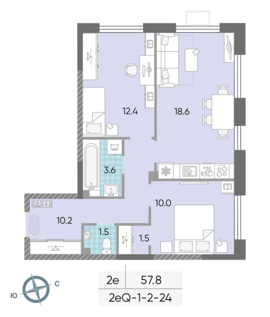2 комн. квартира, 57.8 м², 24 этаж 