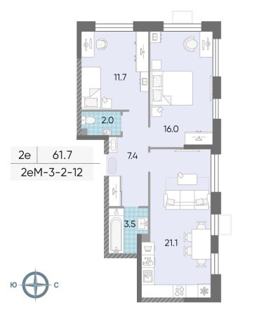2 комн. квартира, 61.7 м², 4 этаж 