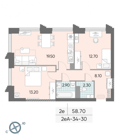 2 комн. квартира, 58.7 м², 30 этаж 